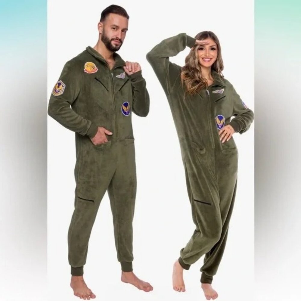 Unisex Olive Green Pilot-Themed Fleece Onesie With Patches & Zip Closure By Funz
